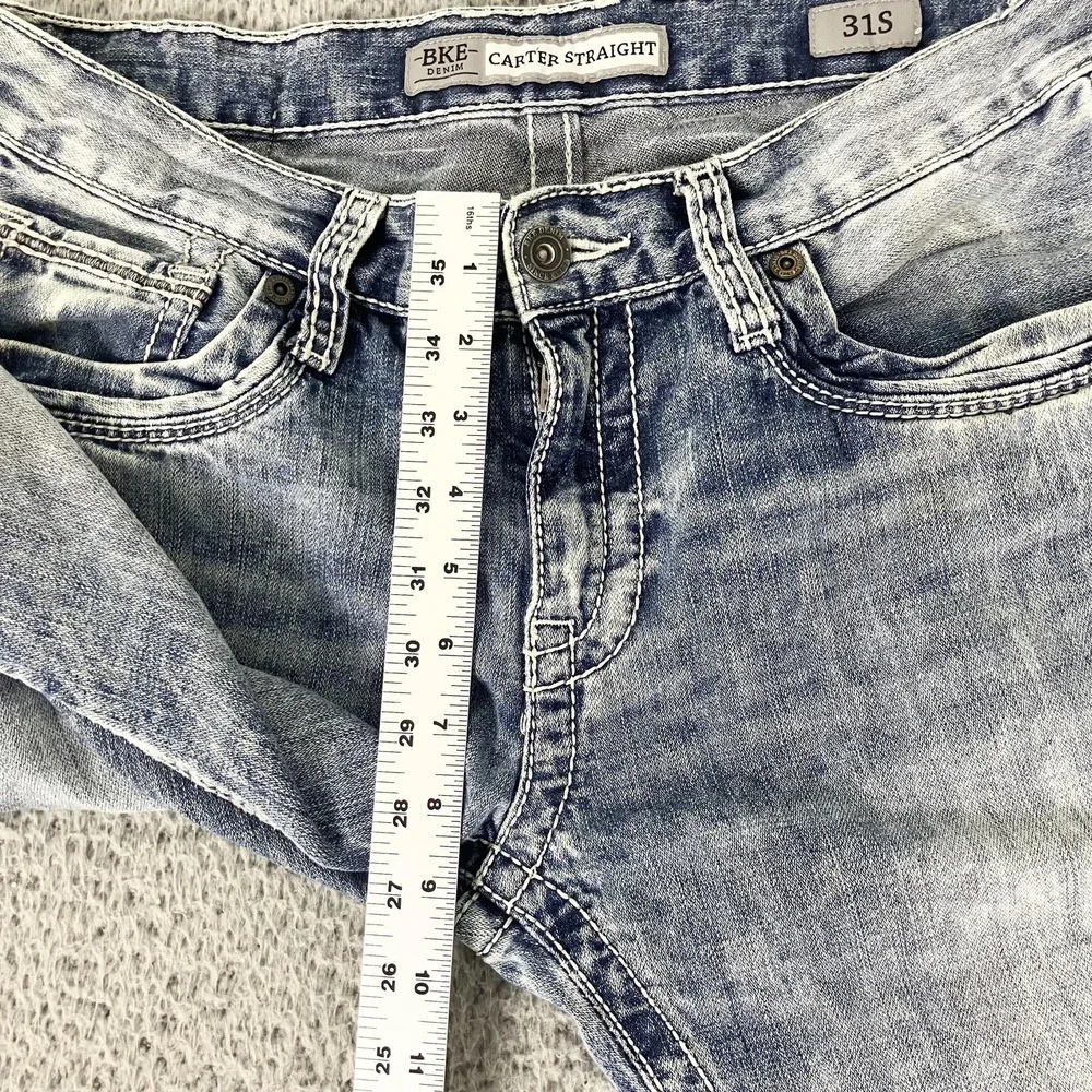 BKE Carter Straight Jeans Mens 31x30 Blue Acid Wash Denim Embroidered Distressed